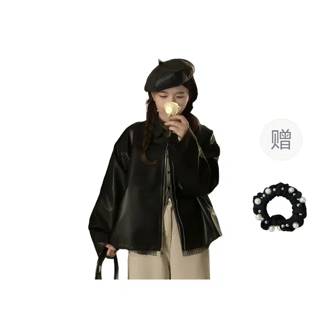 雾闪闪 水洗质感格子拼接通勤翻领舒适长袖皮衣 女款