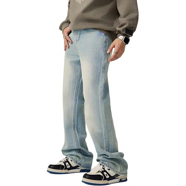 潮人榜 美式高街微喇休闲长裤男士宽松春秋款复古水洗做旧窄版直筒牛仔裤 男女同款