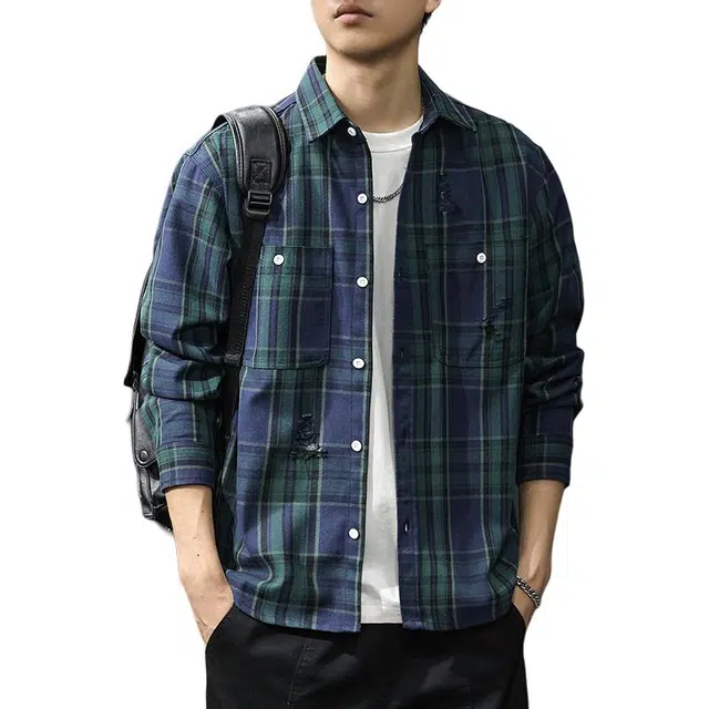 前进牛 美式休闲经典潮牌高端痞帅透气破洞长袖潮流复古格子衬衣宽松大码休闲外套衬衫 男女同款