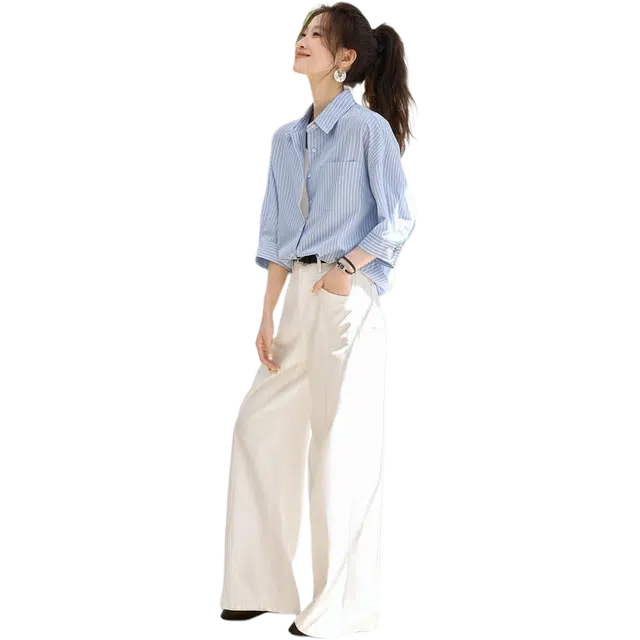 沫晗依美 纯色时尚简约舒适百搭翻领长袖衬衫 女款