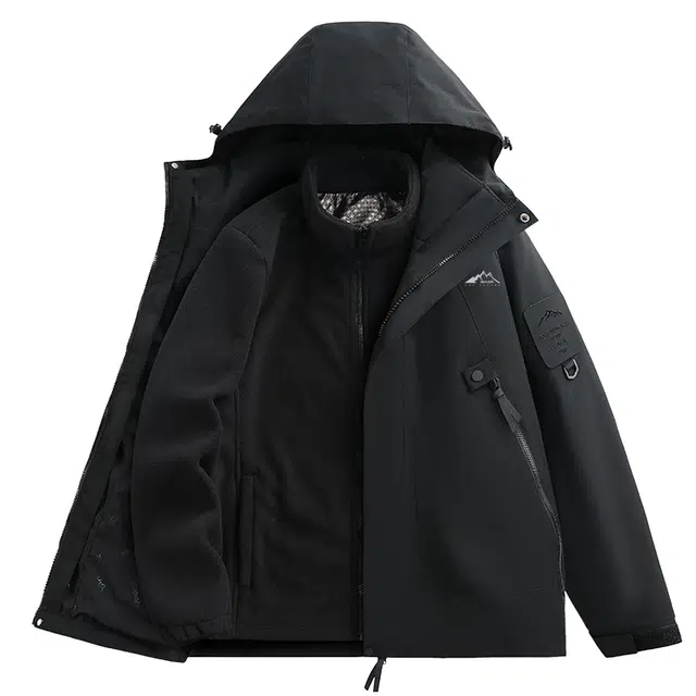 赛琪 三合一可拆卸抓绒内胆纯色美式潮牌防风防水徒步露营登山服户外休闲轻便拉链连帽绒感外套 男女同款