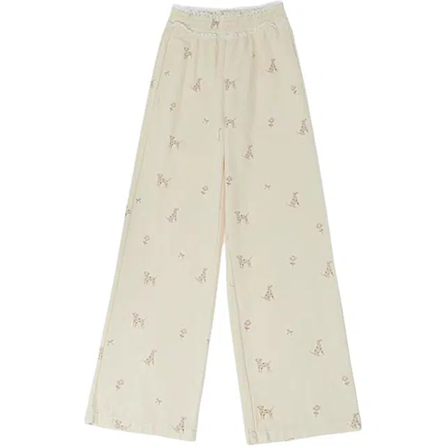 爱肯 韩版小狗印花蕾丝拼接垂感直筒慵懒松紧腰高级感小个子裤子小众设计日常百搭潮流休闲裤 男女同款