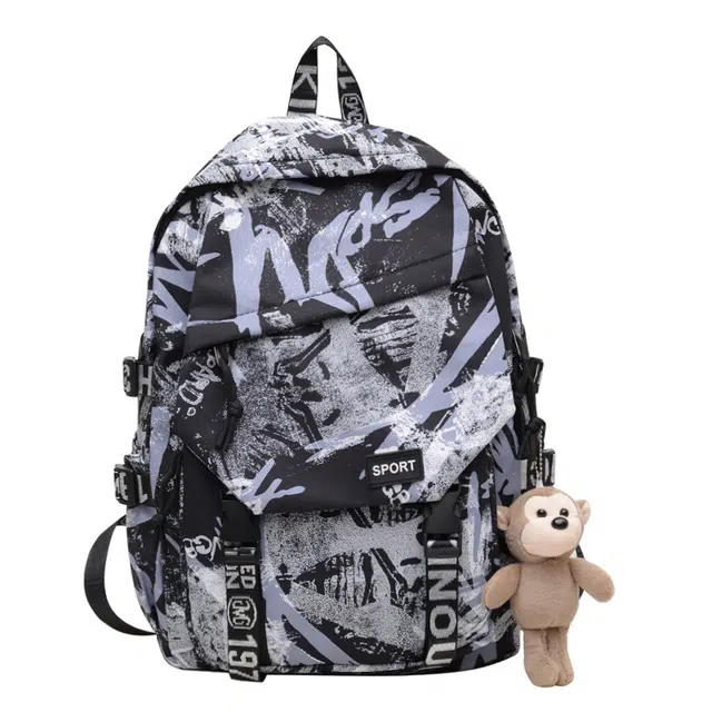 蔻蒂熊 小众涂鸦书包男生初中生大容量中学生高中生背包女 尼龙布 双肩包 常规 青少年 黑色/红色/绿色/蓝色