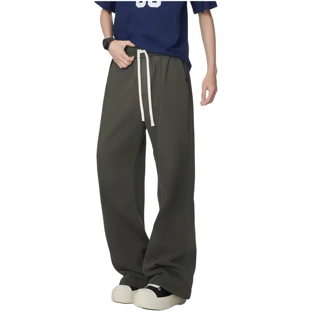 帕丁顿熊 美式复古字母纯色宽松休闲百搭学院日常穿搭直筒褶皱设计阔腿纯棉舒适系带工装裤 男女同款