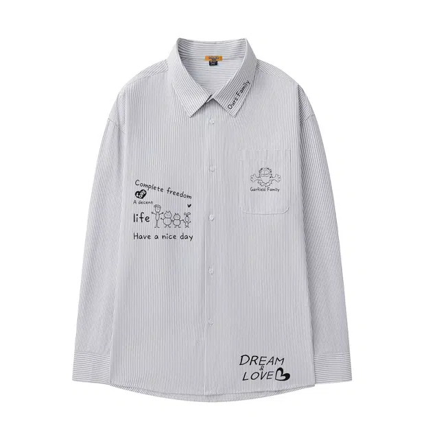 加菲猫家族 美式潮流时尚手绘加菲猫卡通印花百搭无性别主义落肩袖翻领条纹简约衬衣叠穿春秋款长袖少年感宽松上衣休闲外套衬衫 男女同款