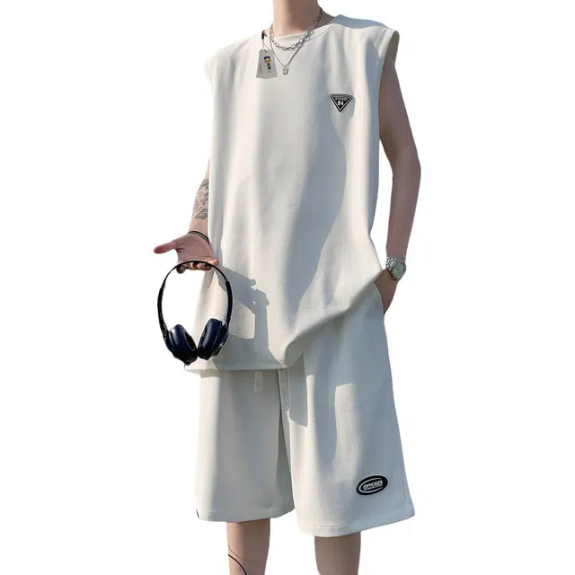 地界二 日系复古男夏季潮牌宽松青少年百搭背心短裤一套搭配休闲运动套装 男款