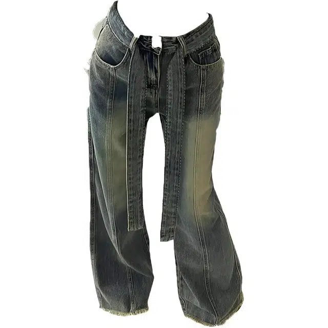 爱肯 美式辣妹复古系带设计感毛边清爽透气宽松直筒阔腿垂坠感拖地感潮牌街头废土风日常休闲外出夏季宝藏牛仔裤 男女同款