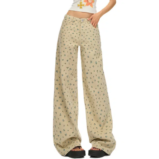 兰缪 复古港风小清新碎花直筒显瘦宽松阔腿裤女牛仔裤 女款