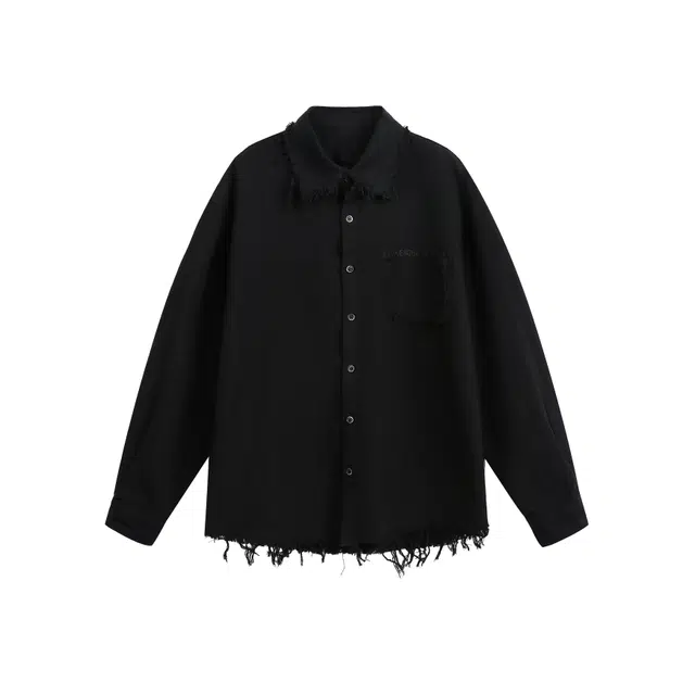 【dme】 美式潮牌复古做旧毛边长袖纯色简约宽松休闲百搭上衣衬衫 男女同款