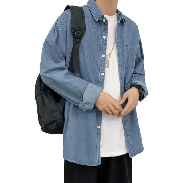 顶峰保罗 美式复古潮牌宽松休闲衬衣外套无性别主义痞帅工装时尚百搭高级感纯色牛仔衬衫 男女同款