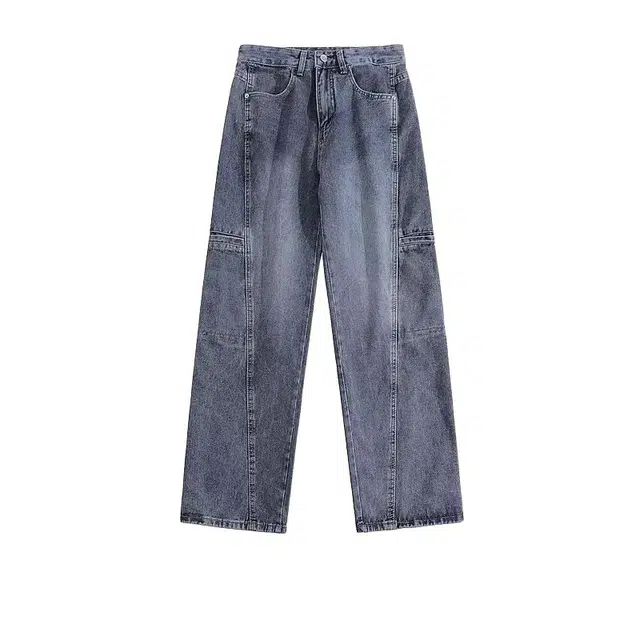 艾梵斯贝 美式复古潮流纯色明线装饰拼接水洗简约设计款无性别主义高街日常通勤百搭宽松舒适休闲直筒拖地牛仔裤 男女同款