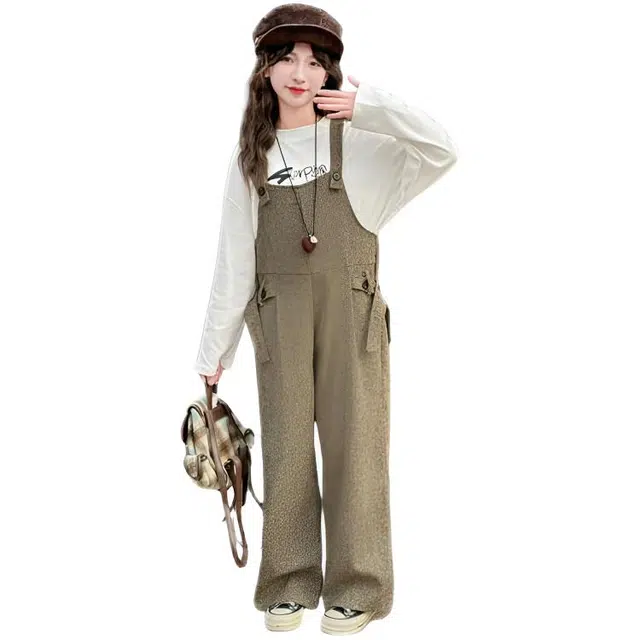 比比我休闲运动套装  女童春秋季大童潮牌棉麻背带裤小孩衣服 小女孩长袖洋气时髦 舒适帅气轻便