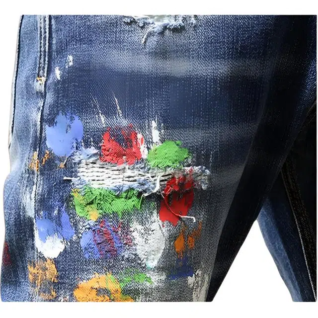 大白鲨 油漆设计牛男潮牌街头男装时尚修身小脚裤子春秋款拼接个性休闲裤长裤牛仔裤 男款 蓝色