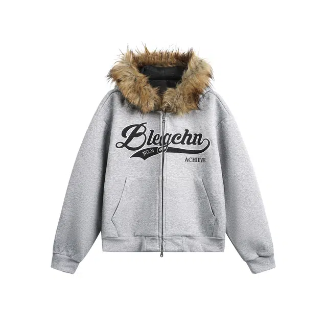 【dme】 美式复古字母刺绣印花毛领连帽开衫潮流宽松休闲百搭上衣卫衣 男女同款