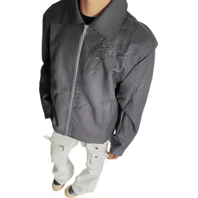冈哉 美式复古潮牌闪电纹刺绣翻领外套高街棒球服解构感日常百搭休闲宽松痞帅个性潮流飞行夹克 男女同款