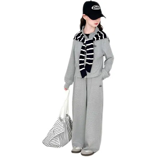 比比我休闲运动套装  女童春秋季条纹披肩大童潮牌小孩衣服 小女孩长袖洋气时髦 舒适帅气轻便