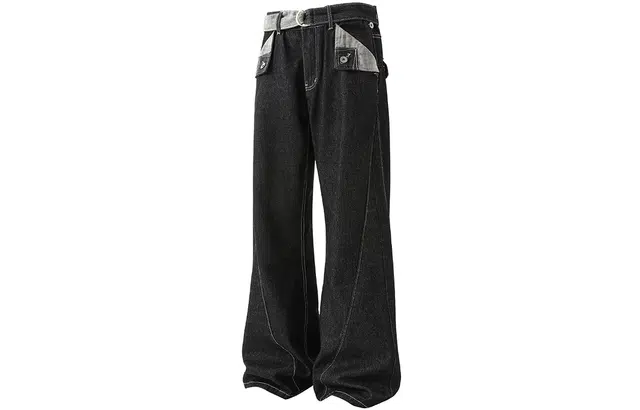 徐太浪 美式复古原牛明线千鸟格撞色设计感微喇叭裤宽松显瘦潮牌休闲牛仔裤 男女同款