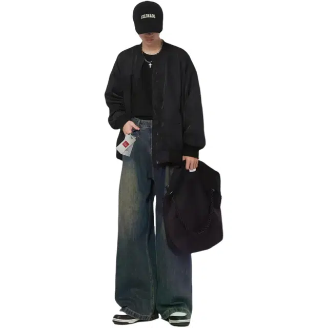 北极绒 高街拖地褶皱阔腿牛仔裤做旧宽松裤子潮拖地褶皱阔腿美式中腰长裤休闲裤 男款