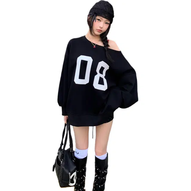 黛尔佳人 斜肩印花长袖宽松慵懒百搭卫衣 女款