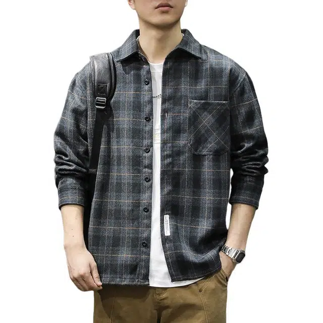 前进牛 美式拼接经典复古潮牌重磅城市机能高端长袖宽松潮流外套春格子水洗透气衬衣衬衫 男女同款