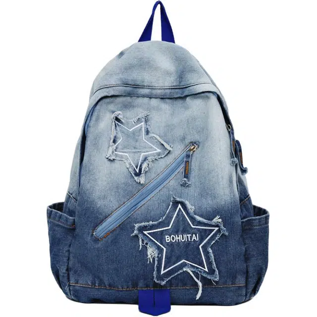 蔻蒂熊 韩系松弛感牛仔布渐变星星书包女大学生休闲旅行背包大容量 尼龙布 双肩包 常规 青少年 黑色/蓝色