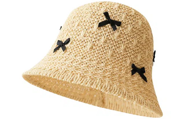 优幽兰 甜美蝴蝶结手工编织渔夫帽子韩版百搭高级感夏季镂空透气海边沙滩出游遮阳防紫外线盆帽#好运 聚酯纤维 防晒帽 女款