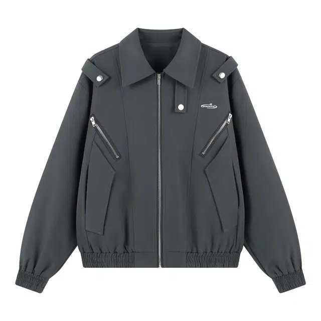 明尼凯 美式复古嘻哈街头风解构双拉链口袋设计感小众高级感百搭无性别主义工装教练翻领宽松休闲日常夹克外套 男女同款