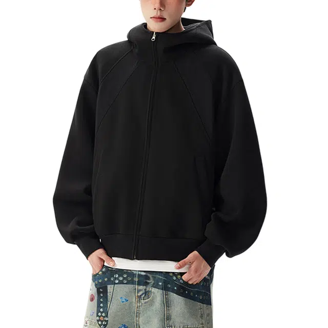 冈哉 解构拼接纯色基础款连帽拉链开衫设计美式重磅学院风柔软舒适时尚百搭经典卫衣 男女同款