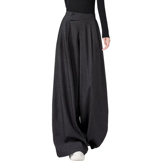 她池 通勤简约高腰纯色压褶长款垂感阔腿休闲裤 女款