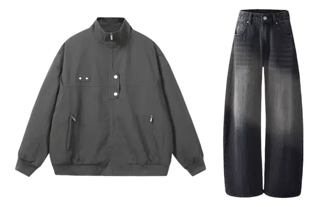 梓润格 春秋季潮流百搭拉链日系小众设计感夹克外套美式复古垂感阔腿牛仔裤宽松弯刀拖地裤休闲运动套装 男女同款