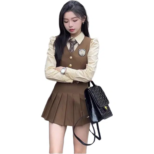 沐晓欣 学院英伦风制服春秋辣妹西装马甲长袖衬衫百褶裙三件套女裙装套装 女款