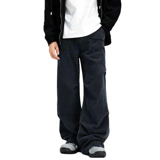潮人榜 美式高街复古水洗工装长裤男士宽松直筒侧缝打褶层次感牛仔裤 男女同款
