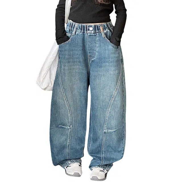 帕兰朵牛仔裤 女童秋装裤子宽阔腿裤宽松中大童复古弯刀裤 青少年