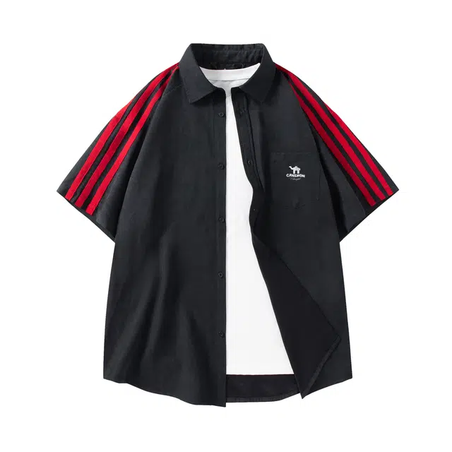 领航骆驼 时尚街头潮流织带设计层次感美拉德风宽松舒适吸湿排汗百搭通勤户外出行短袖   衬衫  男女同款