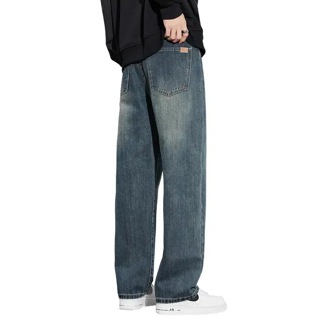 顶峰保罗 美式潮牌冰丝百搭阔腿垂感无性别主义复古直筒高街舒适时尚牛仔裤 男女同款