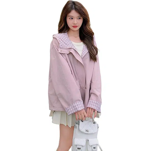 稻草人 韩系格纹翻袖连帽工装外套高级感减龄百搭宽松夹克风衣 女款