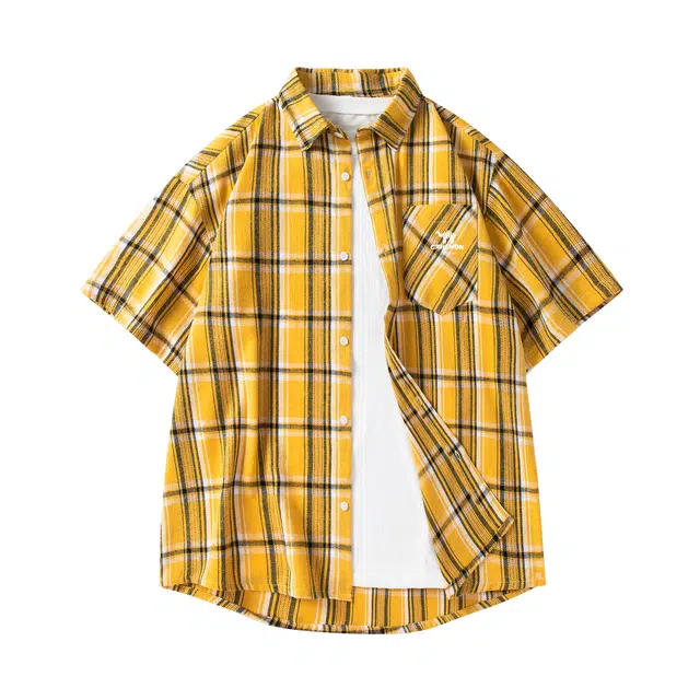 领航骆驼 时尚街头拼接撞色慵懒格子格纹宽松休闲百搭通勤舒适透气落肩纽扣翻领  衬衫 男女同款