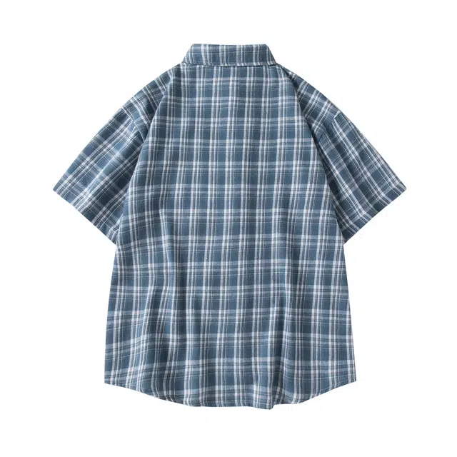 领航骆驼 时尚街头学院风多巴胺格子风宽松休闲翻领短袖百搭衬衫  男女同款