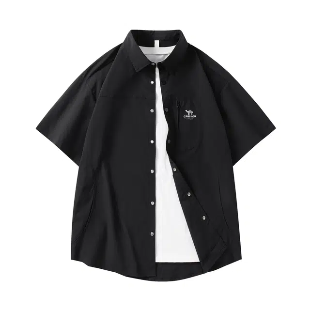 领航骆驼 学院风小口袋拼接设计感翻领休闲宽松纯色百搭日常通勤排汗透气可叠穿夏季薄款工装外套短袖  衬衫  男女同款