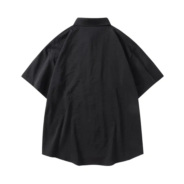 领航骆驼 夏季通勤纯色翻领宽松拼接立体解构褶皱薄款透气耐磨基础款高级感纽扣肌理小众设计开衫日常短袖  衬衫  男女同款