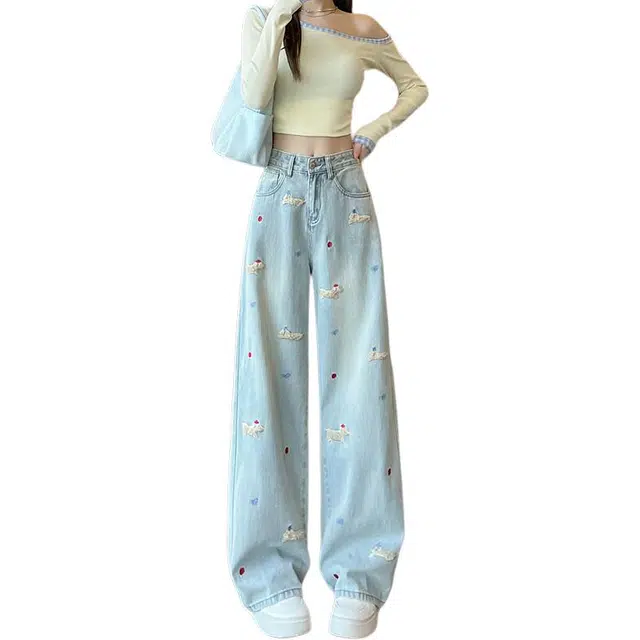 如续 卡通腊肠狗立体刺绣阔腿女拖地裤百搭潮流牛仔裤 女款