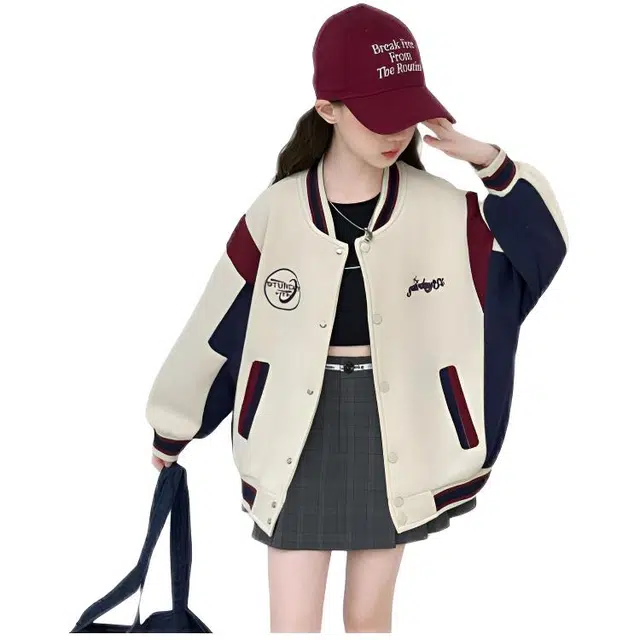 木木兔 棒球服 青春时尚女大童外套学院风宽松舒适秋季简约百搭休闲运动字母绣花潮流洋气 青少年