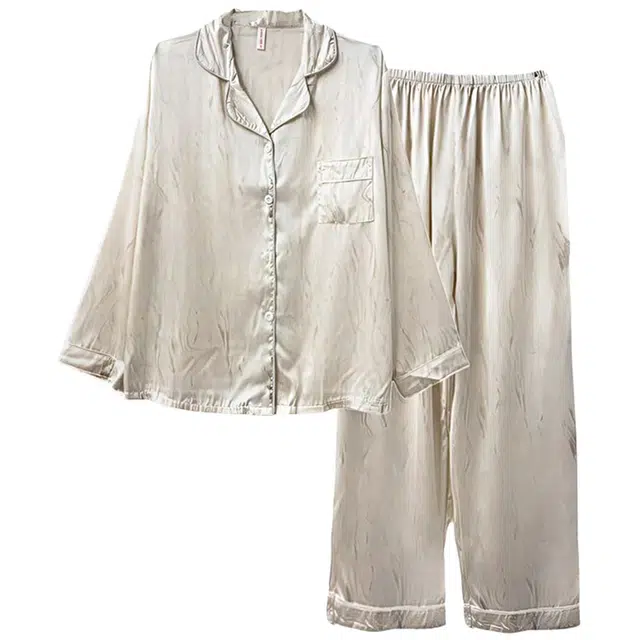 俏韵 翻领春秋季冰雪丝时尚简约长袖长裤甜美休闲薄款家居服可外穿睡衣套装 女款