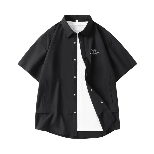 领航骆驼 美式痞帅高街机车潮流休闲纯色基础款衬衣外套宽松透气翻领单排扣垂感免烫落肩短袖  衬衫 男女同款
