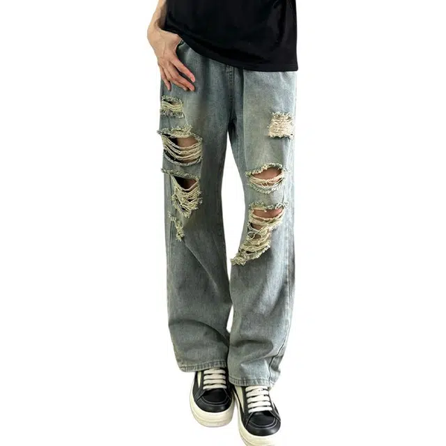 单爵 乞丐破洞微喇裤男款夏季美式高街牛仔裤 男女同款