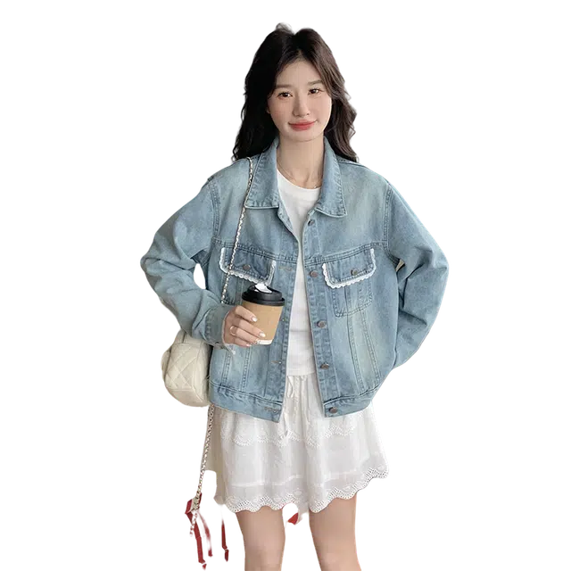 稻草人 蕾丝花边韩系小个子短款夹克拼接气质款牛仔外套 女款