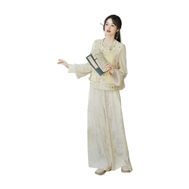 荟萃阁 新中式唐装汉服重工刺绣斜襟开衫马甲加厚上衣提花阔腿裤裙装套装 女款