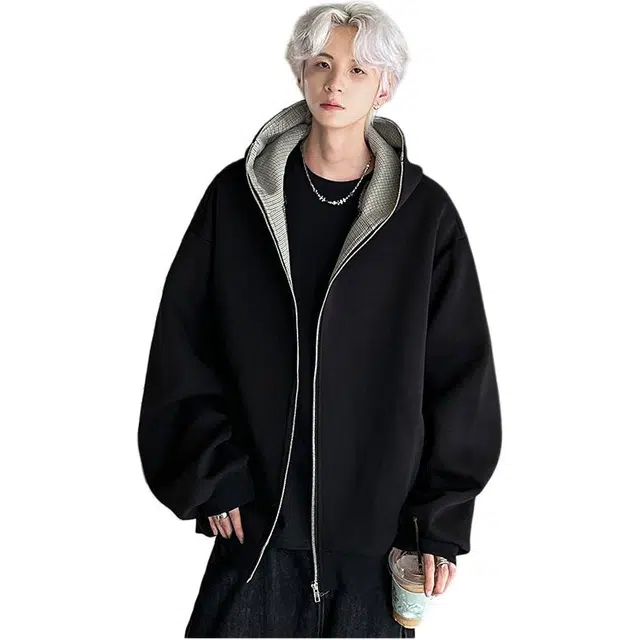 颂希尔 美式重磅双拉链连帽卫衣外套春季痞帅休闲加厚撞色情侣开衫夹克 男女同款