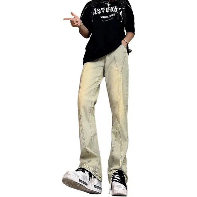 单爵 美式高街长裤子男潮牌修身微喇显瘦拼接牛仔裤 男女同款