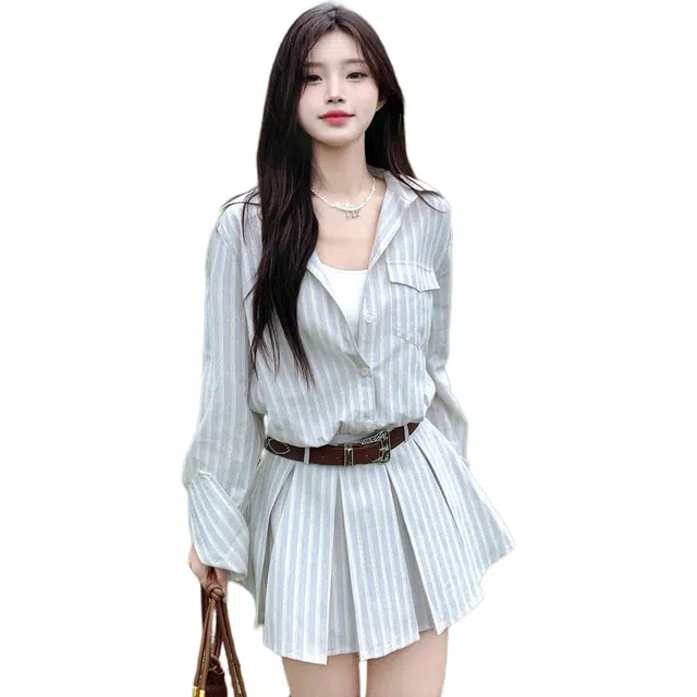 柏黛妃 旷野气质遐想条纹小个子收腰显瘦高级感老钱风短裙长袖连衣裙 女款